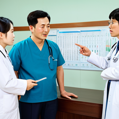**

A caring family discussing a treatment plan with a fully clothed and professional doctor in a bright and clean Hanbang (Korean traditional medicine) hospital room. The doctor is explaining options while pointing to a chart, with a focus on respectful communication and informed decision-making. Safe for work, appropriate content, modest clothing, family-friendly, perfect anatomy, correct proportions, natural pose, well-formed hands, proper finger count, professional.

**