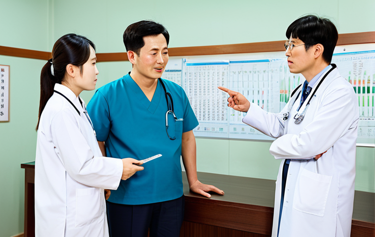 **

A caring family discussing a treatment plan with a fully clothed and professional doctor in a bright and clean Hanbang (Korean traditional medicine) hospital room. The doctor is explaining options while pointing to a chart, with a focus on respectful communication and informed decision-making. Safe for work, appropriate content, modest clothing, family-friendly, perfect anatomy, correct proportions, natural pose, well-formed hands, proper finger count, professional.

**